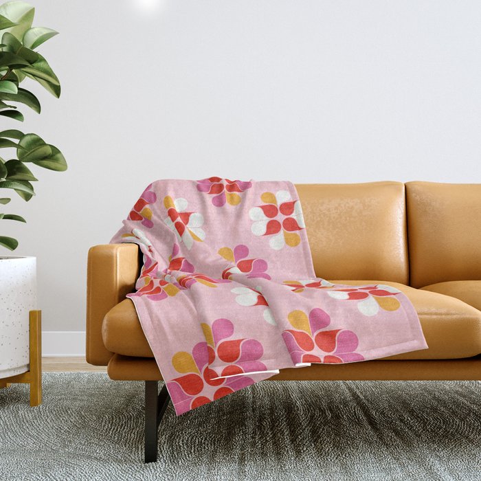 Retro Floral Pattern in Pink, Red, and Orange Throw Blanket Gallery Image 1