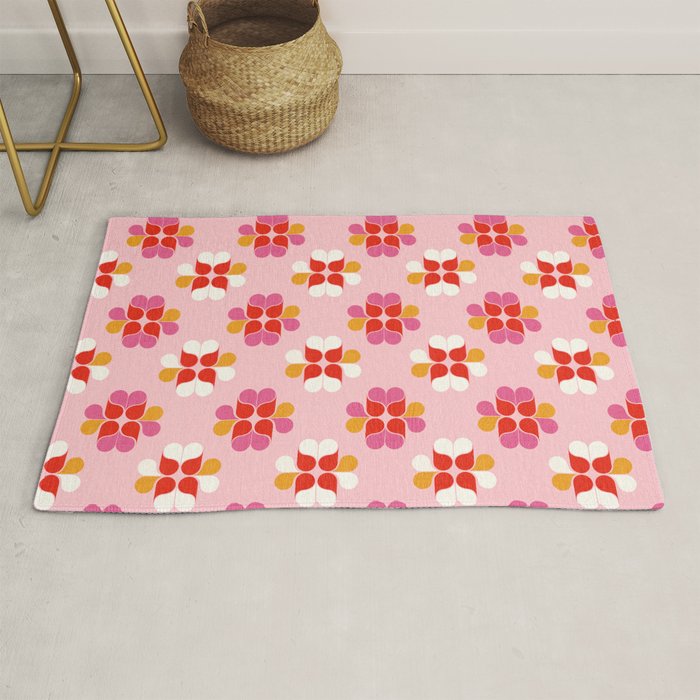 Retro Floral Pattern in Pink, Red, and Orange Rug Gallery Image 1
