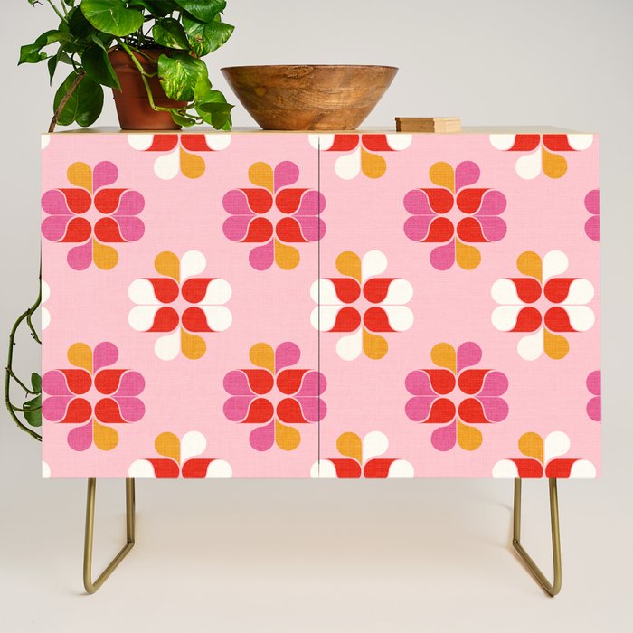 Retro Floral Pattern in Pink, Red, and Orange Credenza Gallery Image 1