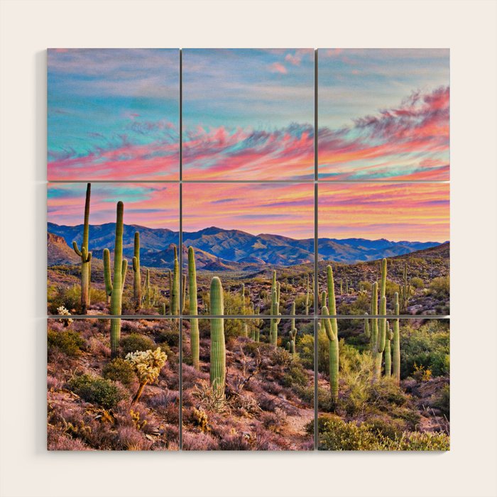 Arizona South West Sunset Cactus Desert Landscape Wood Wall Art Gallery Image 1
