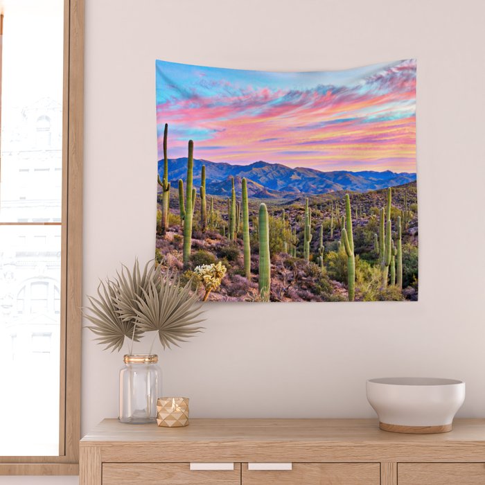 Arizona South West Sunset Cactus Desert Landscape Wall Tapestry Gallery Image 2