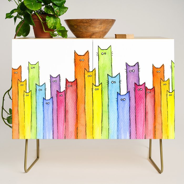 Cat Rainbow Watercolor Pattern Credenza Gallery Image 1