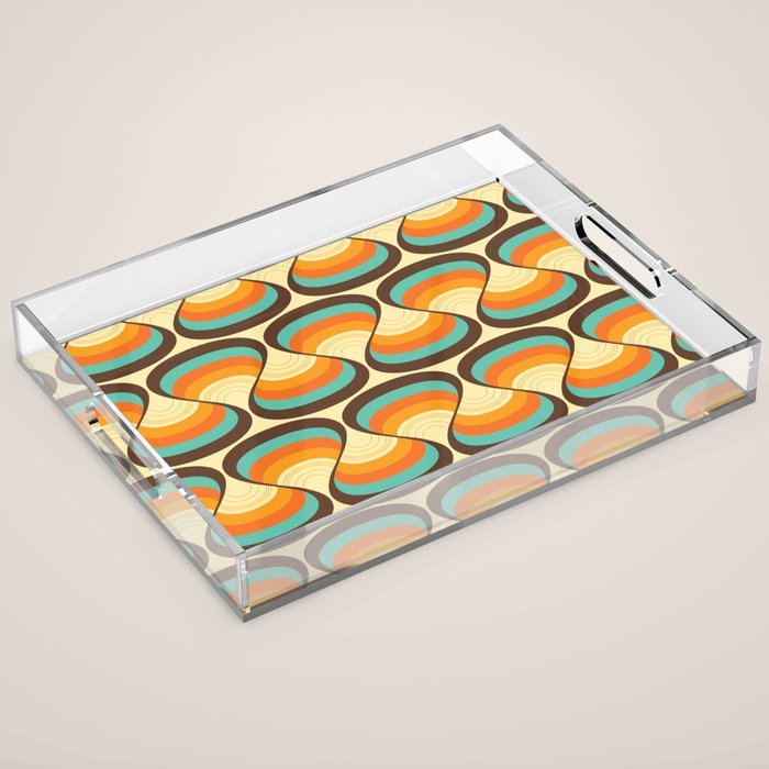 Wavy Turquoise Orange and Brown Retro Lines Acrylic Tray Gallery Image 1