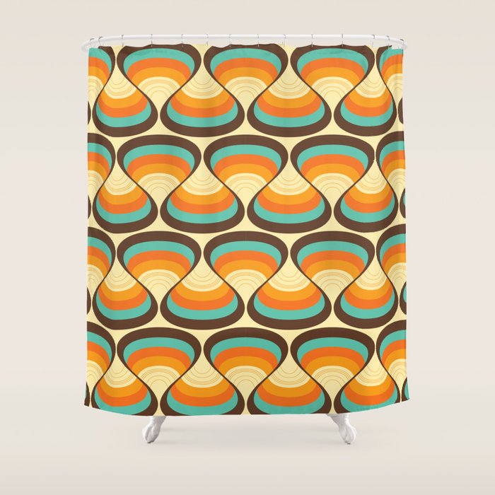 Wavy Turquoise Orange and Brown Retro Lines Shower Curtain Gallery Image 1