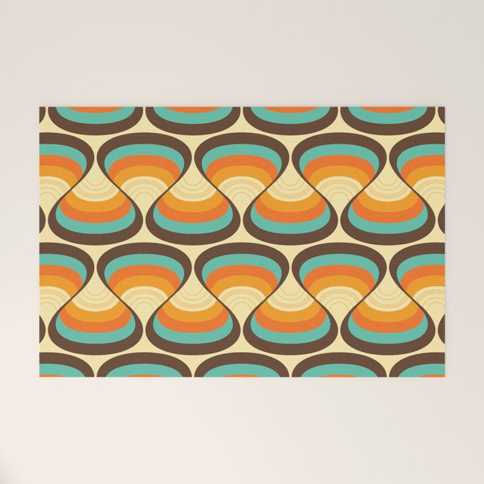Wavy Turquoise Orange and Brown Retro Lines Welcome Mat Gallery Image 1