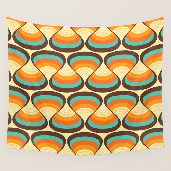 Wavy Turquoise Orange and Brown Retro Lines Wall Tapestry Gallery Image 4