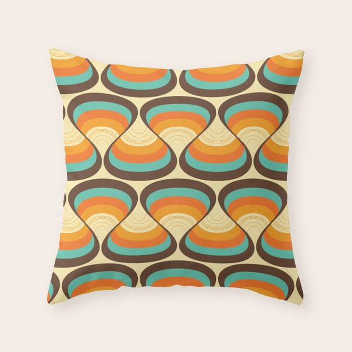 Wavy Turquoise Orange and Brown Retro Lines Throw Pillow Gallery Image 6