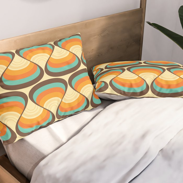 Wavy Turquoise Orange and Brown Retro Lines Pillow Sham Gallery Image 2