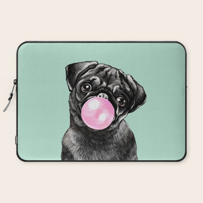 Bubble Gum Black Pug in Green Laptop Sleeve Gallery Image 2