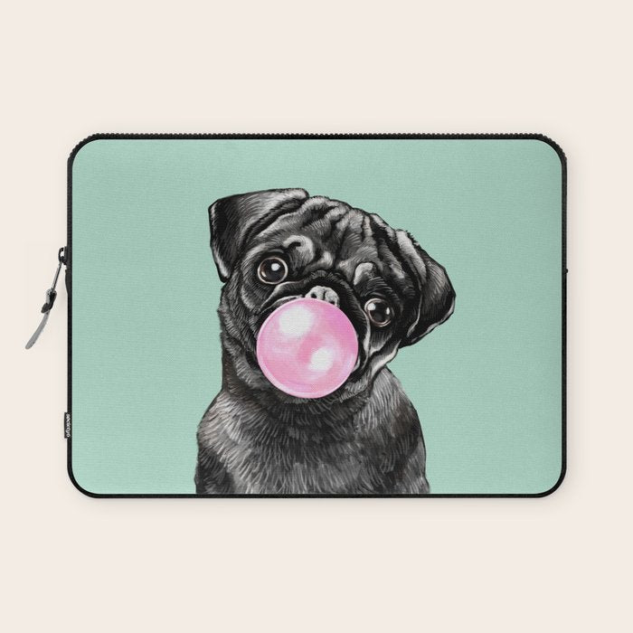 Bubble Gum Black Pug in Green Laptop Sleeve Gallery Image 1