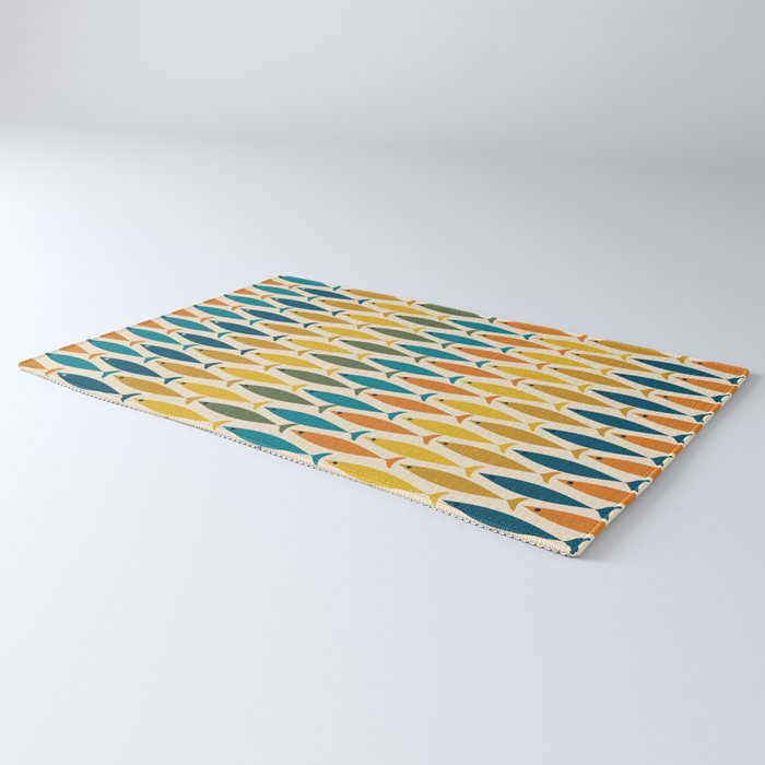 Mid-Century Modern Fish Stripes in Moroccan Teal, Green, Orange, Mustard, and Cream Rug Gallery Image 3