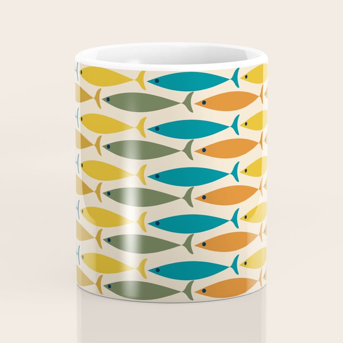 Mid-Century Modern Fish Stripes in Moroccan Teal, Green, Orange, Mustard, and Cream Coffee Mug Gallery Image 4