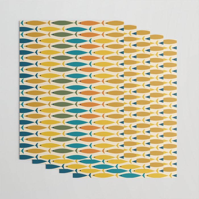 Mid-Century Modern Fish Stripes in Moroccan Teal, Green, Orange, Mustard, and Cream Wrapping Paper Gallery Image 3