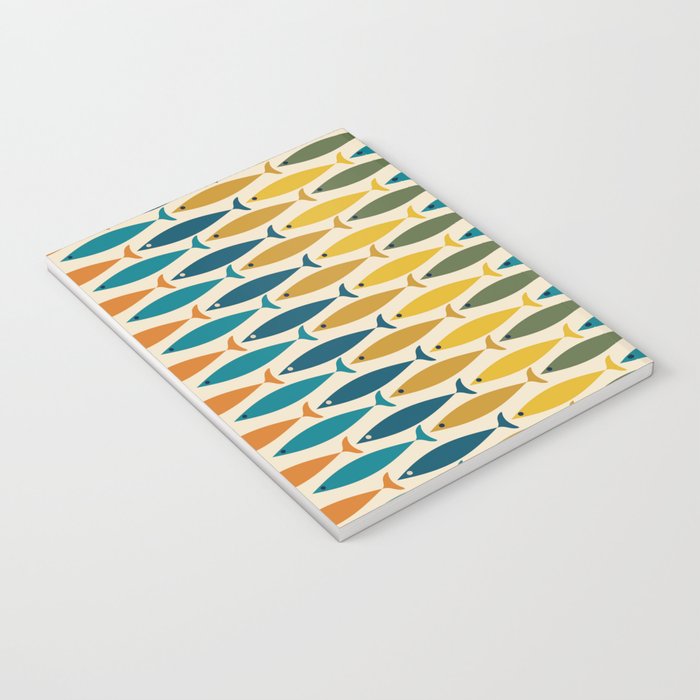 Mid-Century Modern Fish Stripes in Moroccan Teal, Green, Orange, Mustard, and Cream Notebook Gallery Image 3