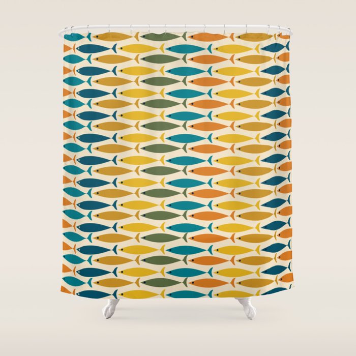 Mid-Century Modern Fish Stripes in Moroccan Teal, Green, Orange, Mustard, and Cream Shower Curtain Gallery Image 1