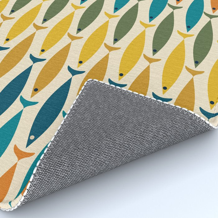 Mid-Century Modern Fish Stripes in Moroccan Teal, Green, Orange, Mustard, and Cream Rug Gallery Image 4
