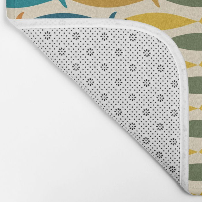 Mid-Century Modern Fish Stripes in Moroccan Teal, Green, Orange, Mustard, and Cream Bath Mat Gallery Image 2