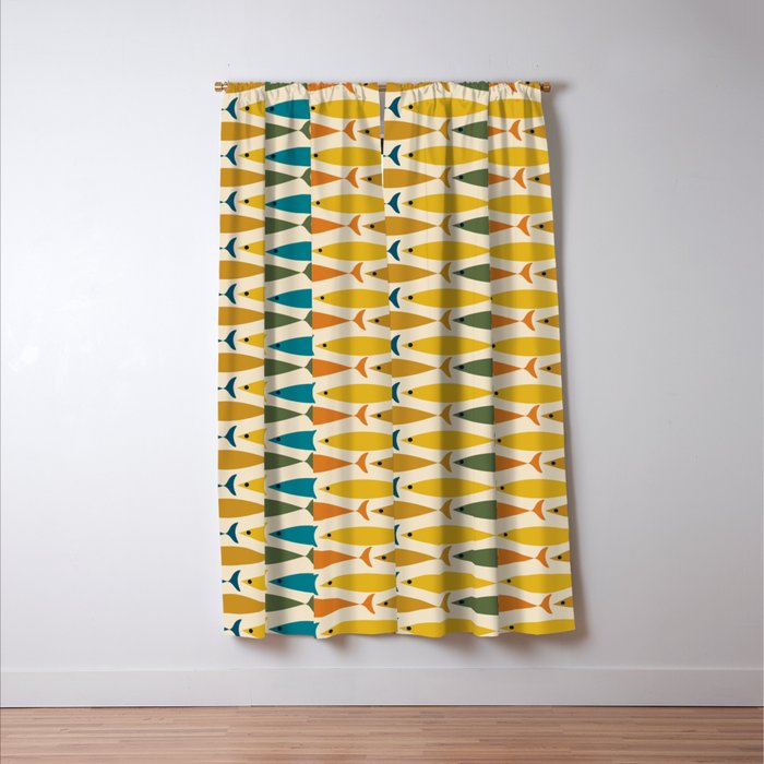 Mid-Century Modern Fish Stripes in Moroccan Teal, Green, Orange, Mustard, and Cream Window Curtain Gallery Image 3