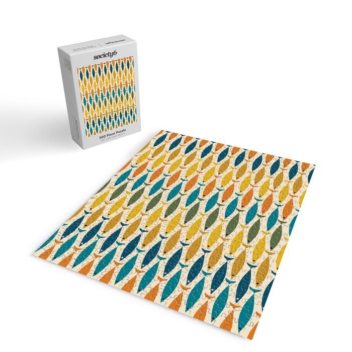 Mid-Century Modern Fish Stripes in Moroccan Teal, Green, Orange, Mustard, and Cream Jigsaw Puzzle Gallery Image 2