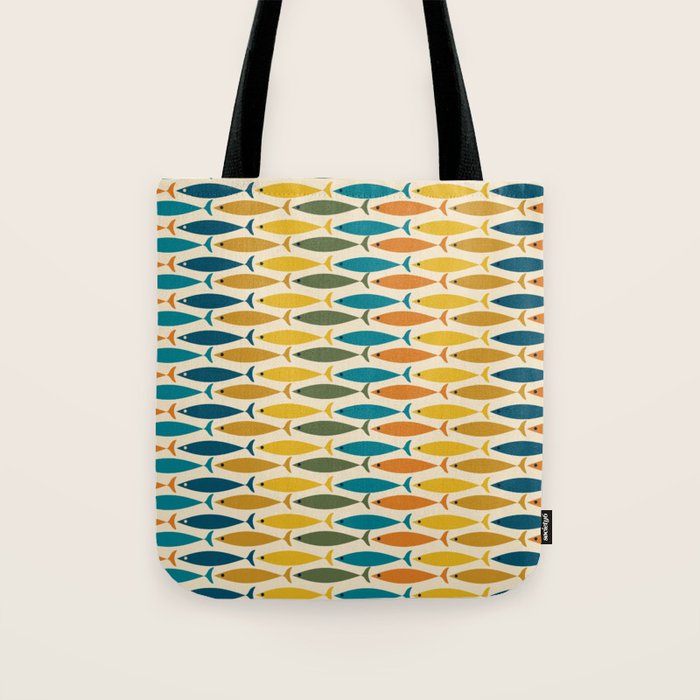 Mid-Century Modern Fish Stripes in Moroccan Teal, Green, Orange, Mustard, and Cream Tote Bag Gallery Image 1
