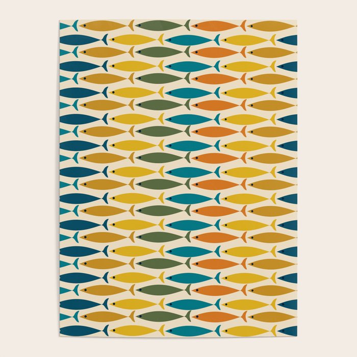 Mid-Century Modern Fish Stripes in Moroccan Teal, Green, Orange, Mustard, and Cream Poster Gallery Image 4