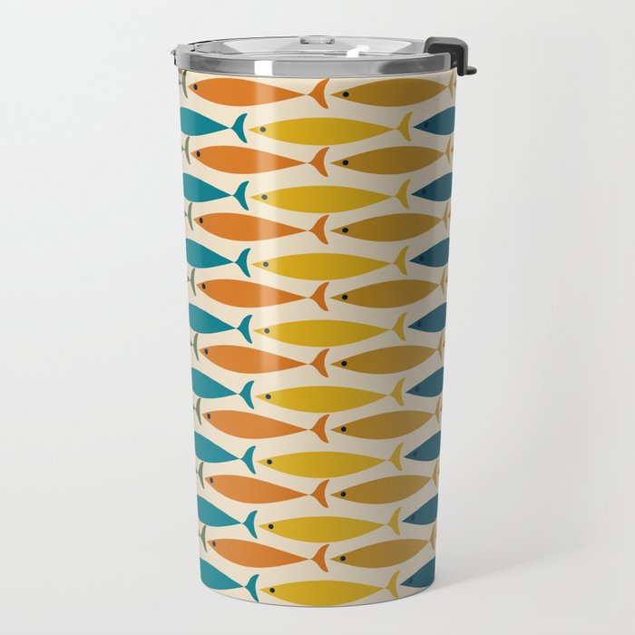 Mid-Century Modern Fish Stripes in Moroccan Teal, Green, Orange, Mustard, and Cream Travel Mug Gallery Image 2