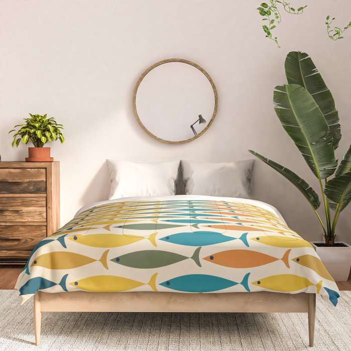 Mid-Century Modern Fish Stripes in Moroccan Teal, Green, Orange, Mustard, and Cream Comforter Gallery Image 3