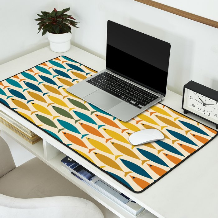 Mid-Century Modern Fish Stripes in Moroccan Teal, Green, Orange, Mustard, and Cream Desk Mat Gallery Image 2