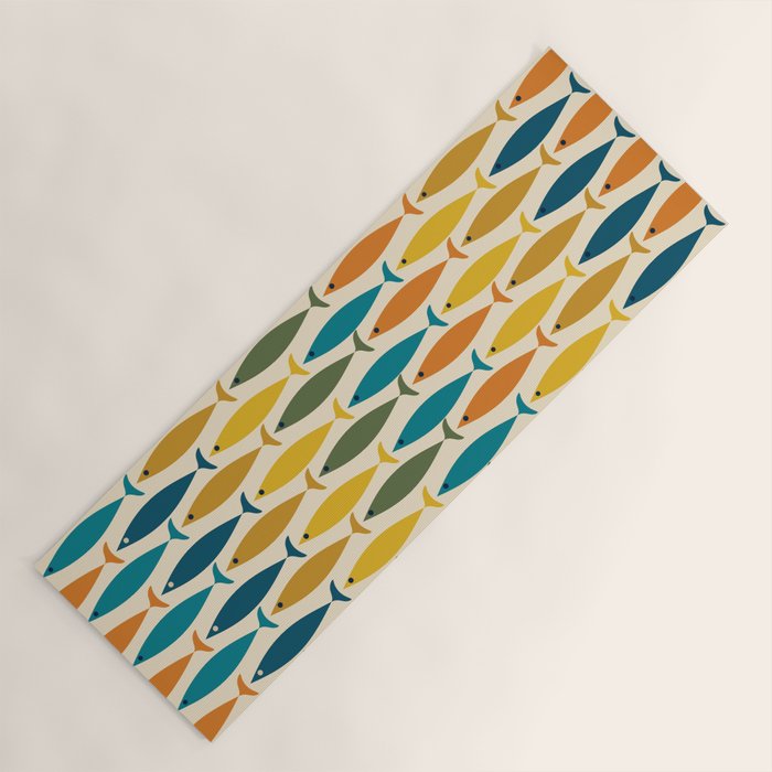 Mid-Century Modern Fish Stripes in Moroccan Teal, Green, Orange, Mustard, and Cream Yoga Mat Gallery Image 1