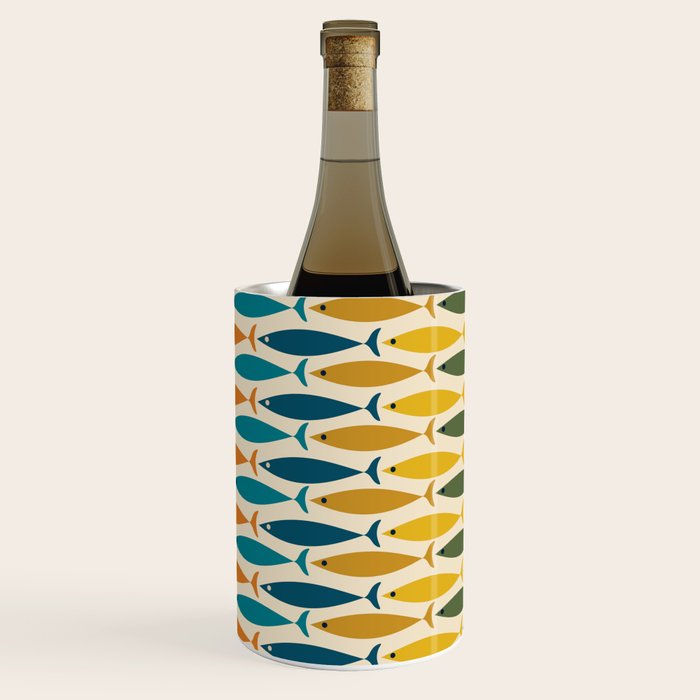 Mid-Century Modern Fish Stripes in Moroccan Teal, Green, Orange, Mustard, and Cream Wine Chiller Gallery Image 2