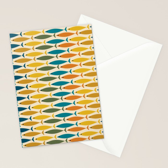 Mid-Century Modern Fish Stripes in Moroccan Teal, Green, Orange, Mustard, and Cream Stationery Card Gallery Image 2