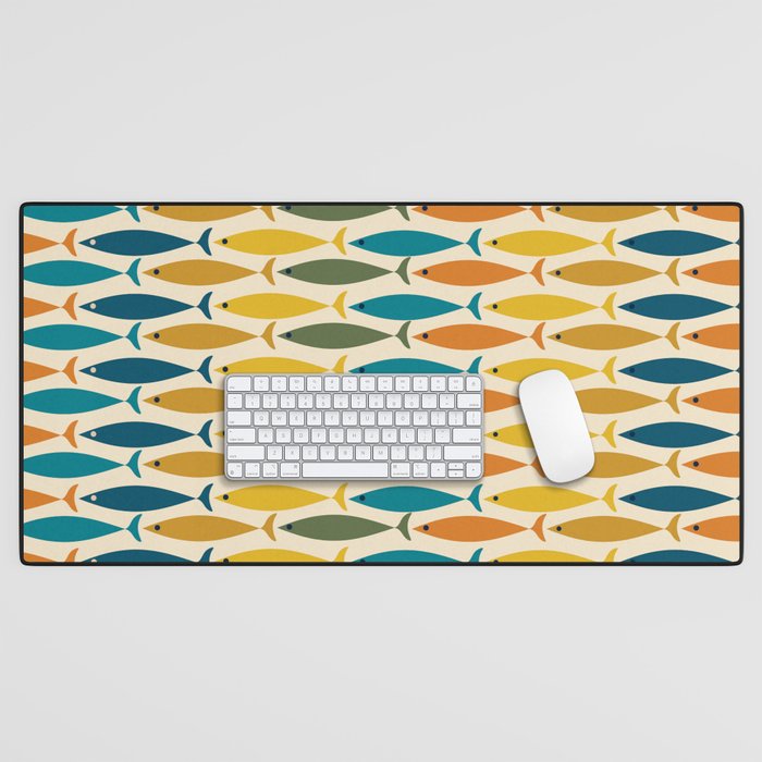 Mid-Century Modern Fish Stripes in Moroccan Teal, Green, Orange, Mustard, and Cream Desk Mat Gallery Image 1
