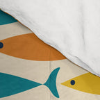 Mid-Century Modern Fish Stripes in Moroccan Teal, Green, Orange, Mustard, and Cream Comforter Gallery Image 4