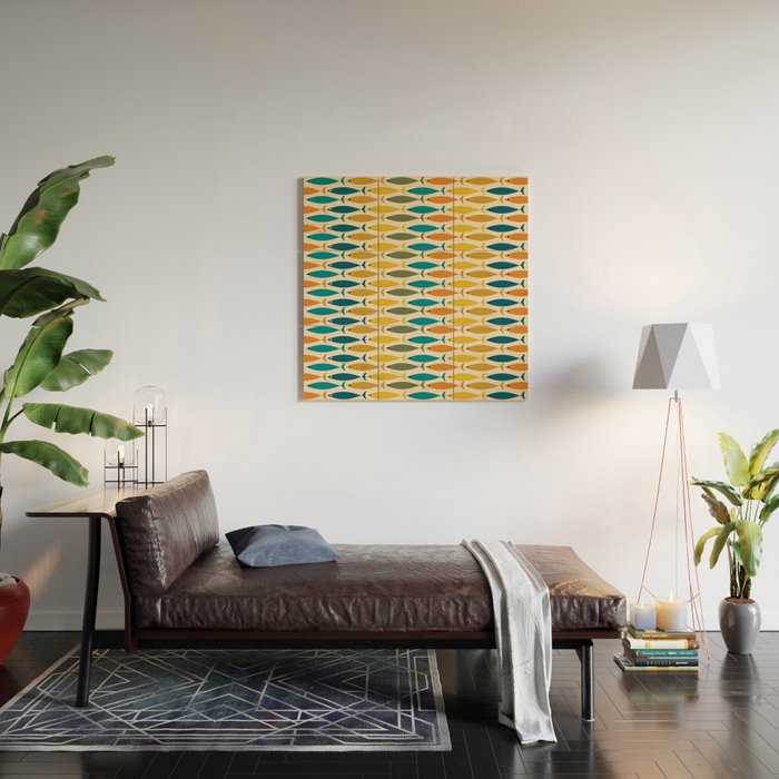 Mid-Century Modern Fish Stripes in Moroccan Teal, Green, Orange, Mustard, and Cream Wood Wall Art Gallery Image 2