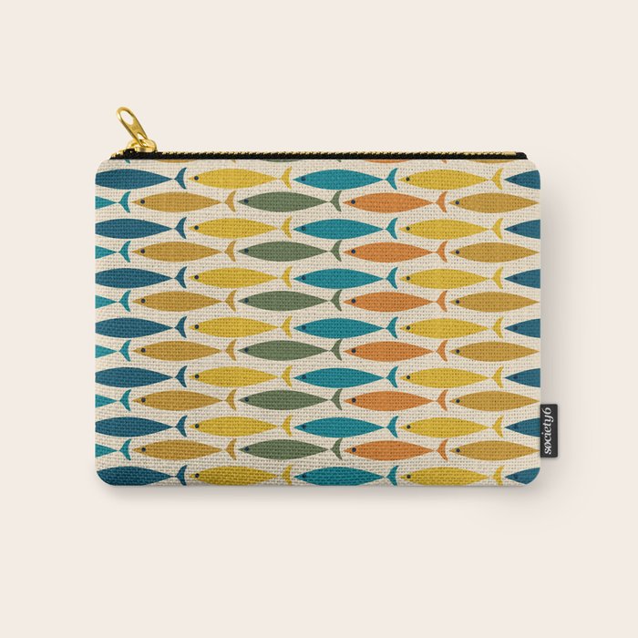 Mid-Century Modern Fish Stripes in Moroccan Teal, Green, Orange, Mustard, and Cream Carry All Pouch Gallery Image 1