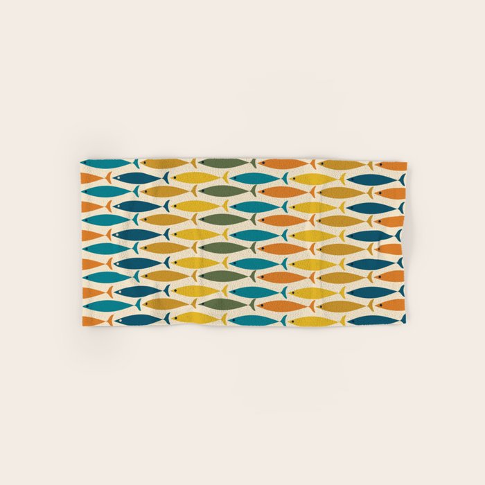 Mid-Century Modern Fish Stripes in Moroccan Teal, Green, Orange, Mustard, and Cream Bath Towel Gallery Image 1