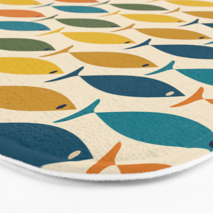 Mid-Century Modern Fish Stripes in Moroccan Teal, Green, Orange, Mustard, and Cream Bath Mat Gallery Image 3
