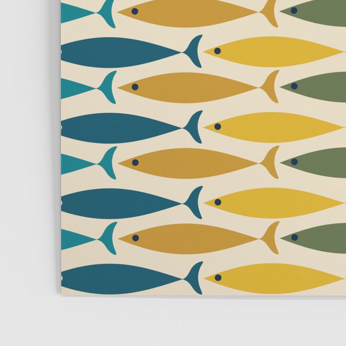 Mid-Century Modern Fish Stripes in Moroccan Teal, Green, Orange, Mustard, and Cream Poster Gallery Image 3