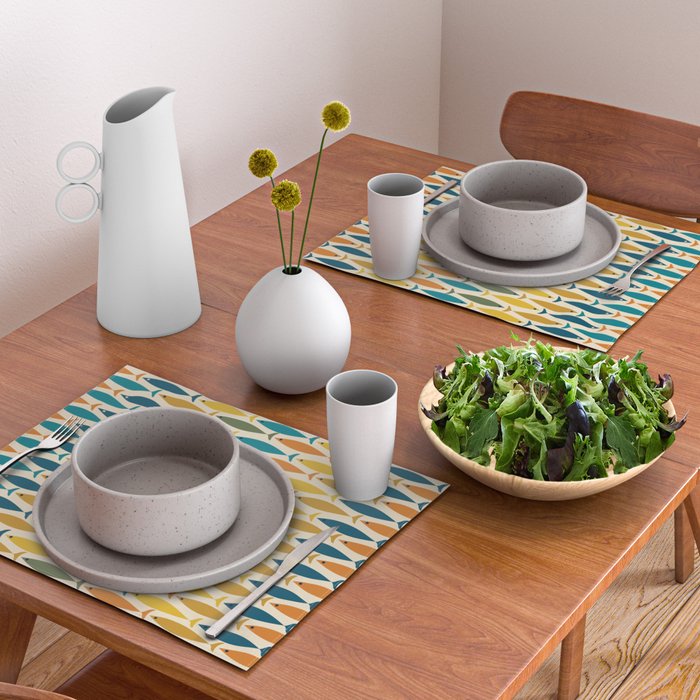 Mid-Century Modern Fish Stripes in Moroccan Teal, Green, Orange, Mustard, and Cream Placemat Gallery Image 2