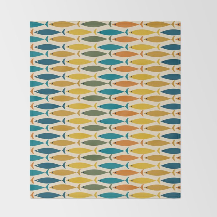 Mid-Century Modern Fish Stripes in Moroccan Teal, Green, Orange, Mustard, and Cream Throw Blanket Gallery Image 2
