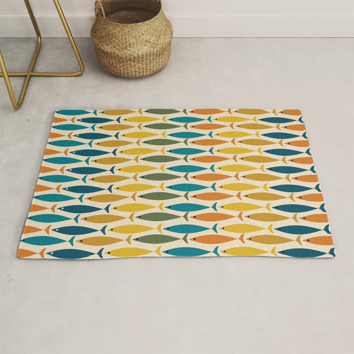 Mid-Century Modern Fish Stripes in Moroccan Teal, Green, Orange, Mustard, and Cream Rug Gallery Image 1