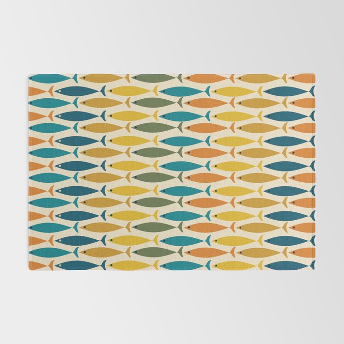 Mid-Century Modern Fish Stripes in Moroccan Teal, Green, Orange, Mustard, and Cream Rug Gallery Image 2