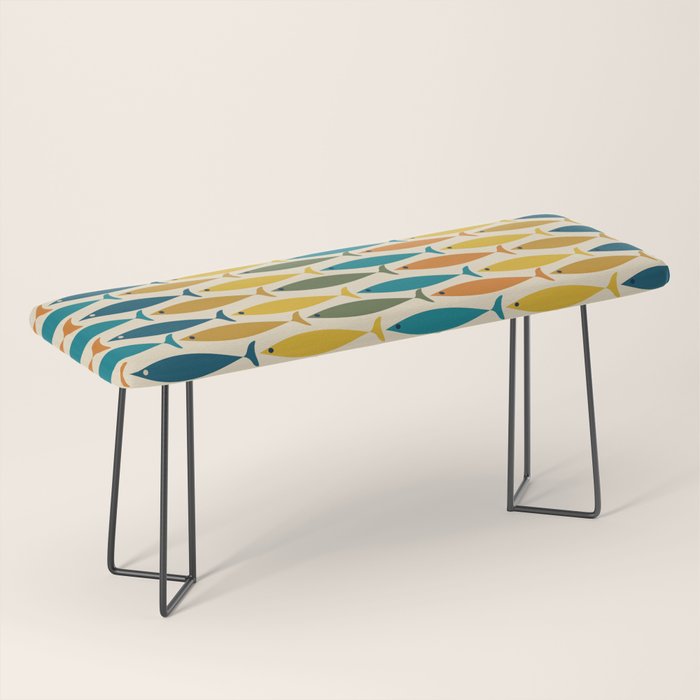 Mid-Century Modern Fish Stripes in Moroccan Teal, Green, Orange, Mustard, and Cream Bench Gallery Image 1