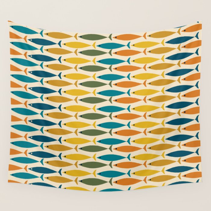 Mid-Century Modern Fish Stripes in Moroccan Teal, Green, Orange, Mustard, and Cream Wall Tapestry Gallery Image 4