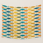 Mid-Century Modern Fish Stripes in Moroccan Teal, Green, Orange, Mustard, and Cream Wall Tapestry Gallery Image 4