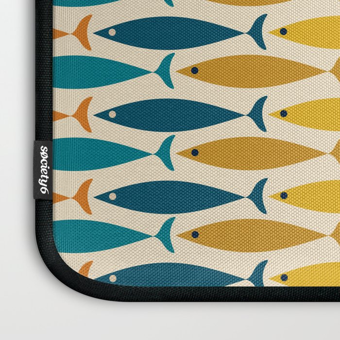 Mid-Century Modern Fish Stripes in Moroccan Teal, Green, Orange, Mustard, and Cream Laptop Sleeve Gallery Image 3