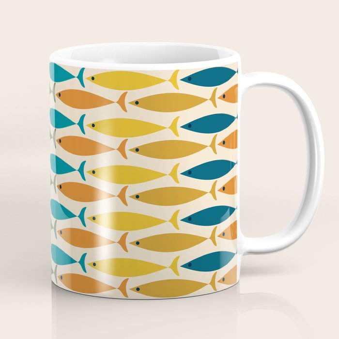 Mid-Century Modern Fish Stripes in Moroccan Teal, Green, Orange, Mustard, and Cream Coffee Mug Gallery Image 1