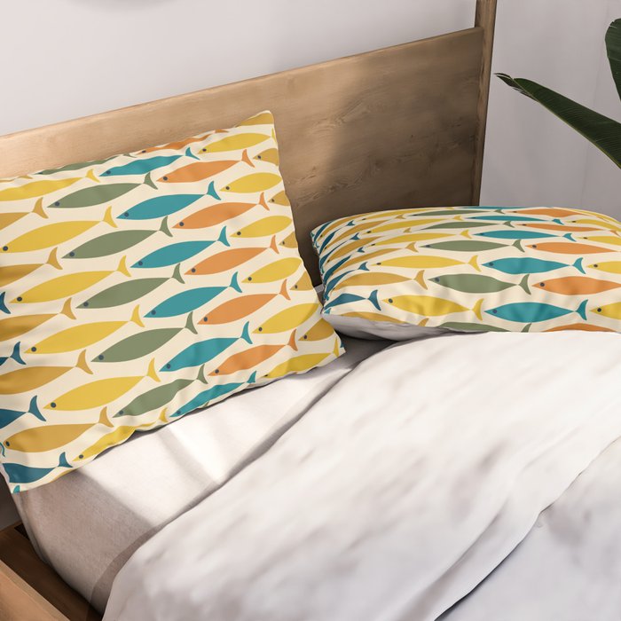 Mid-Century Modern Fish Stripes in Moroccan Teal, Green, Orange, Mustard, and Cream Pillow Sham Gallery Image 2