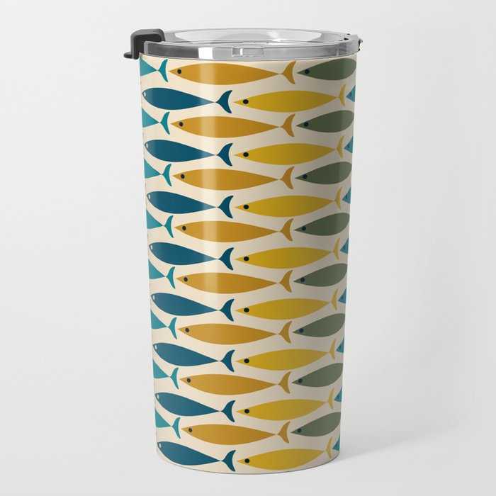 Mid-Century Modern Fish Stripes in Moroccan Teal, Green, Orange, Mustard, and Cream Travel Mug Gallery Image 3