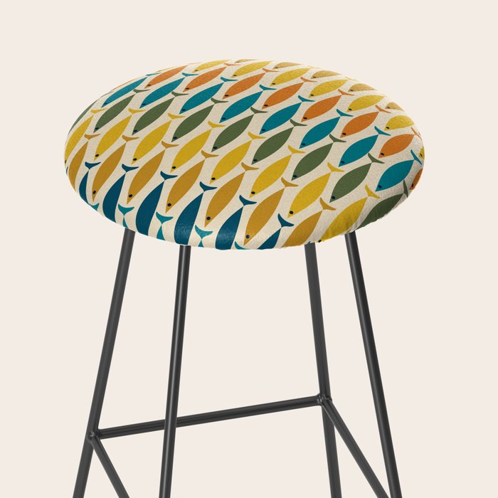 Mid-Century Modern Fish Stripes in Moroccan Teal, Green, Orange, Mustard, and Cream Stool Gallery Image 2